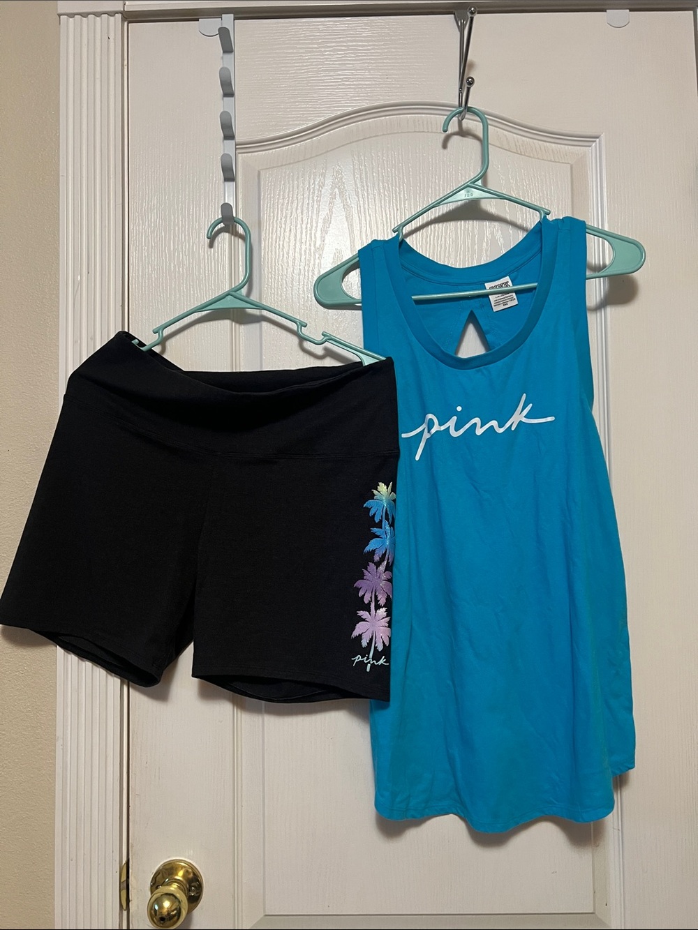 PINK vs Teal Blue Tank with Black Palm-Embellished Gray Shorts